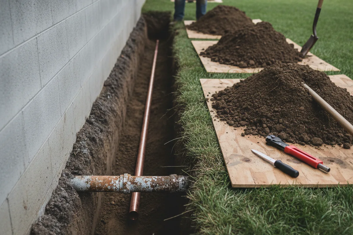 Excavated water line trench during Water Heater Repair in Bonita